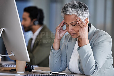 Buy stock photo Headache, senior woman and business stress of office employee with work burnout. Mental health, working and anxiety problem of a elderly worker feeling frustrated from 404 computer glitch at company