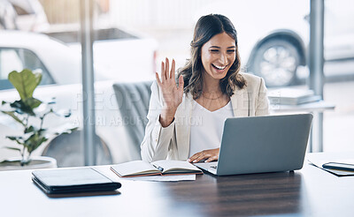 Buy stock photo Woman, wave or video call on laptop conference, lawyer training workshop or virtual consulting appointment. Smile, happy or attorney on technology webinar and hello or greeting hands in legal office