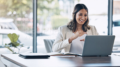 Buy stock photo Woman hands, growth or laptop video call, conference meeting or training workshop presentation for company success. Smile, happy or business worker on technology webinar for profit increase timeline