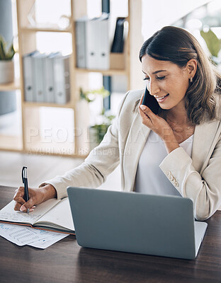 Buy stock photo Lawyer, laptop and phone call for notebook writing, policy review feedback or legal consulting schedule in corporate law firm. Smile, happy and talking attorney woman on mobile technology or laptop