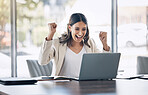 Laptop, winning and winner business woman with online sale, email announcement of promotion or bonus success. Excited corporate person with fist pump for office celebration, salary increase or target