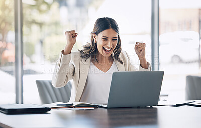 Buy stock photo Laptop, winning and winner business woman with online sale, email announcement of promotion or bonus success. Excited corporate person with fist pump for office celebration, salary increase or target
