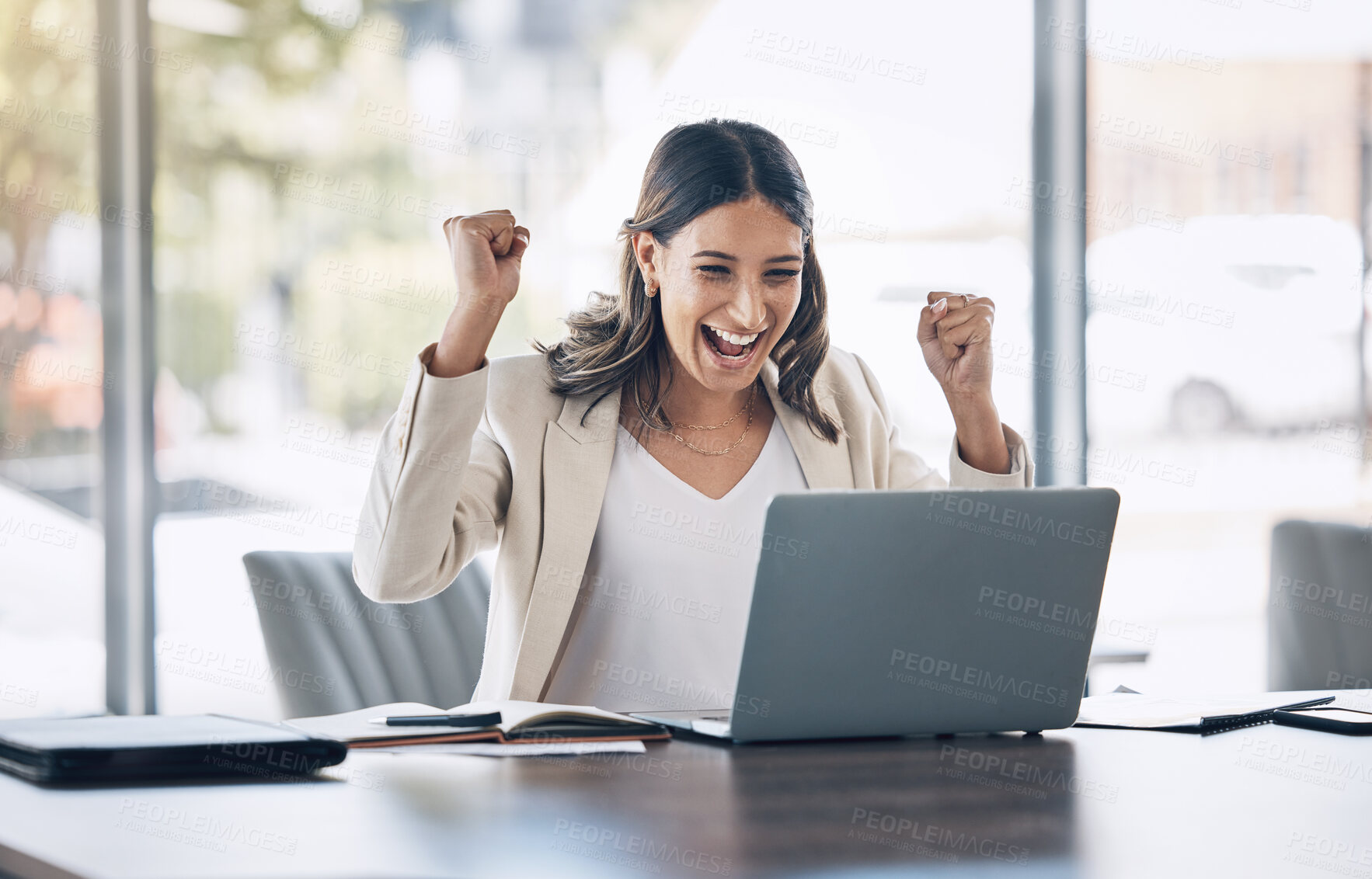 Buy stock photo Laptop, winning and winner business woman with online sale, email announcement of promotion or bonus success. Excited corporate person with fist pump for office celebration, salary increase or target