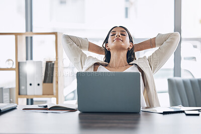 Buy stock photo Happy woman stretching at office desk with health, muscle wellness and work life balance with laptop for career. Young business worker, employee or person relax and peace for project time management