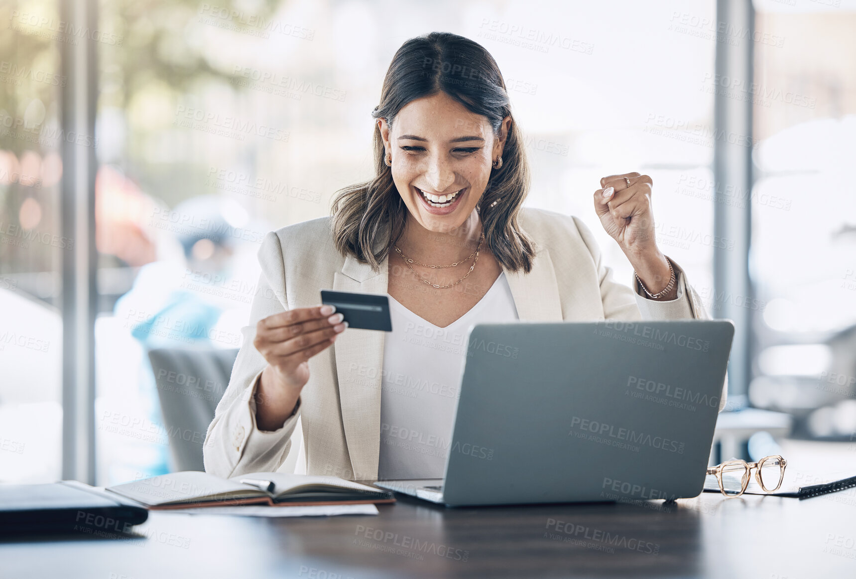 Buy stock photo Winning, credit card and winner woman on laptop for easy fintech, e commerce competition and website sale. Excited corporate person with online shopping app, financial banking or finance loan success
