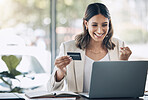 Finance, credit card and happy with woman and laptop in office for savings, investment or online shopping mockup. Success, fintech or stock market with customer and website for deal, payment or offer