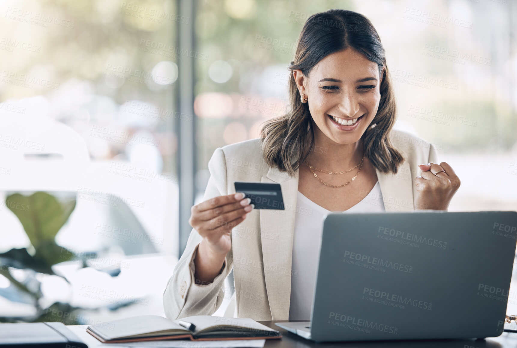 Buy stock photo Finance, credit card and happy with woman and laptop in office for savings, investment or online shopping mockup. Success, fintech or stock market with customer and website for deal, payment or offer