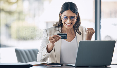 Buy stock photo Fintech, credit card and yes with woman and laptop in office for savings, investment or online shopping sale. Success, finance and ecommerce with customer and website for deal, payment and winner
