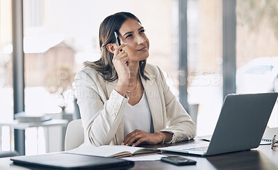 Buy stock photo Thinking, concentrating and laptop with business woman for planning, research and idea. Technology, question and inspiration with employee at desk for solution, designer and creative in startup