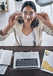 Hands, woman or glasses for vision wellness, healthcare or clear view of law firm goals, target or innovation. Top view, smile or happy worker and eyewear, laptop technology or lawyer paper documents