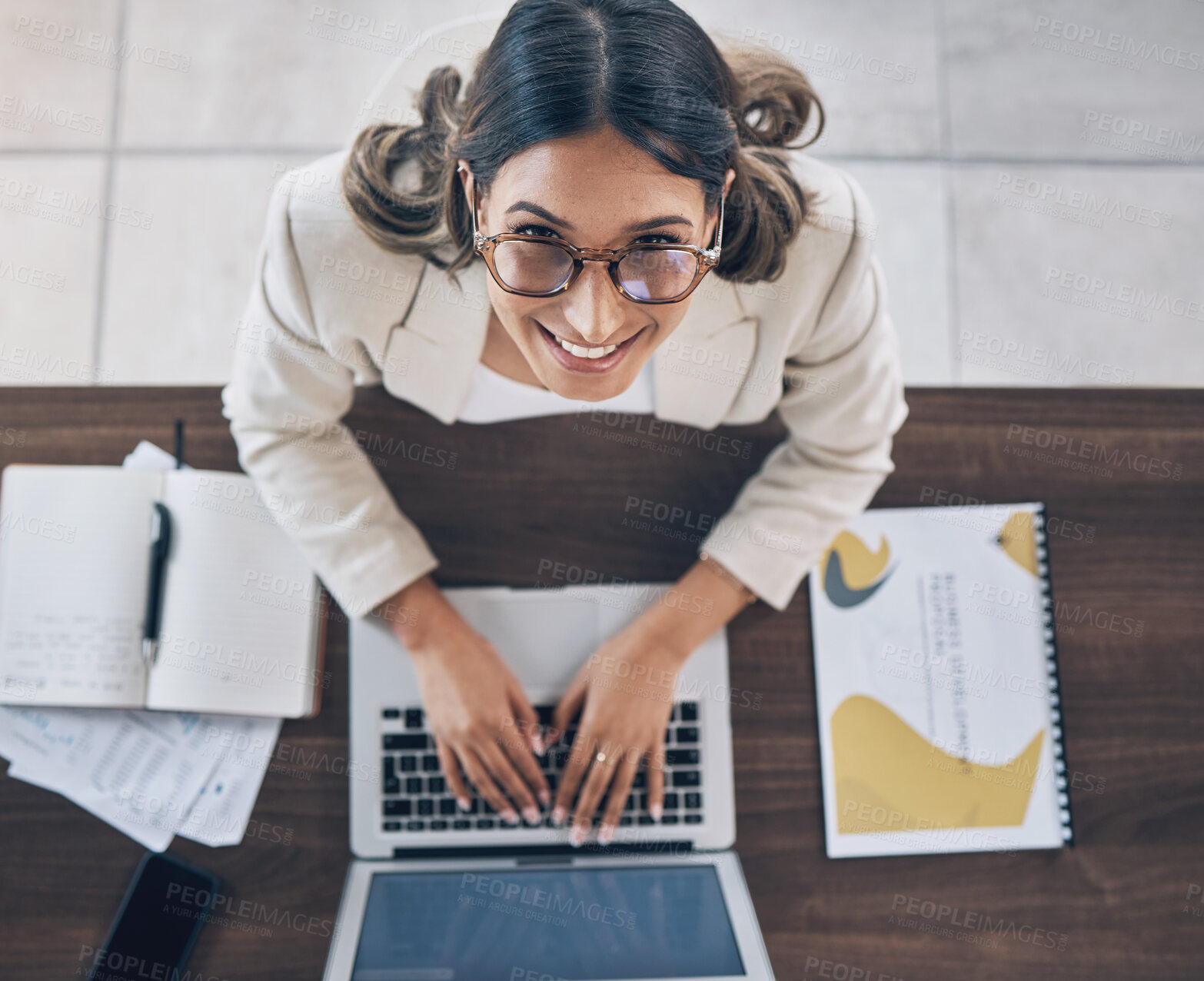 Buy stock photo Top view, portrait or business woman on laptop in company finance management, investment strategy or global financial growth. Smile, happy or worker typing on technology for budget planning or ideas