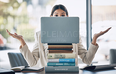 Buy stock photo Woman, portrait or laptop on books stack in office research, finance student learning or corporate education in shrugging emoji. Worker, employee or college technology notebook and confused questions