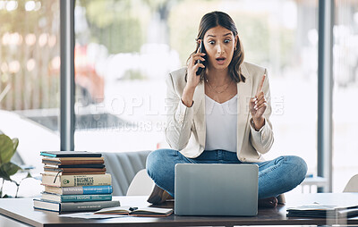Buy stock photo Shocked woman, laptop or phone call on desk in marketing crisis, startup planning problem or company growth fail. Stress, anxiety or surprise worker on mobile communication technology with wow face