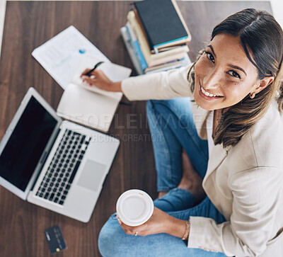 Buy stock photo Top view, woman or laptop portrait for finance student, office investment management or financial growth strategy. Happy smile, worker or technology budget planning, insurance or stock market study