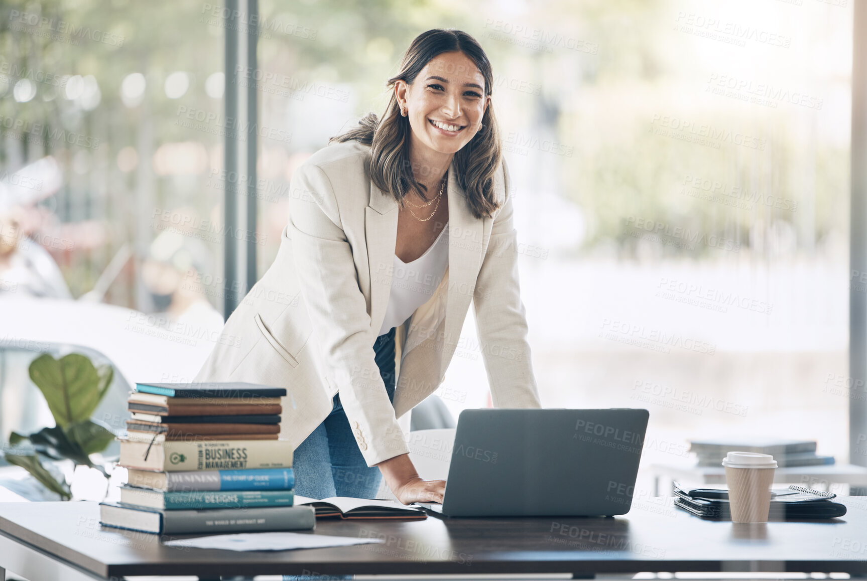 Buy stock photo Business woman, portrait or laptop in management strategy review, planning leadership schedule or timeline mock up. Smile, happy or employee on technology for startup calendar agenda or growth goals