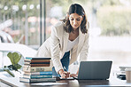 Woman, thinking or laptop for notebook writing, marketing strategy review or global planning schedule in office. Worker, employee or notes for technology startup, calendar management or growth goals