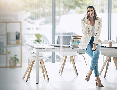 Buy stock photo Business woman, laughing on phone call at office company or corporate startup for design and networking. Smile, happy and talking worker on mobile communication technology for funny negotiation