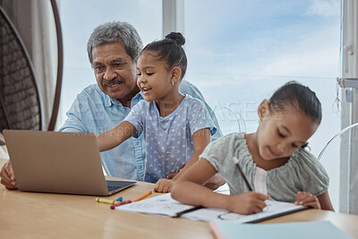 Buy stock photo Education, elearning and home school for kids with grandfather at a table for writing, lesson and online class. Distance learning, laptop and children with man in a living room, helping and bonding