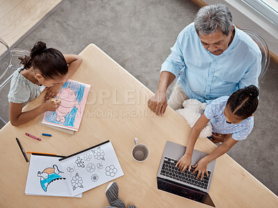 Buy stock photo Learning, education and above home school for kids with grandfather at table for writing, lesson and online class. Distance or elearning, laptop and children with family, helping for development