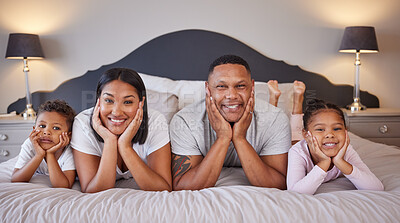 Buy stock photo Black family, portrait and bed relax of a mother, dad and kids together with love and care. Bedroom, home and smile of mama and children feeling happy from parent support with happiness in morning