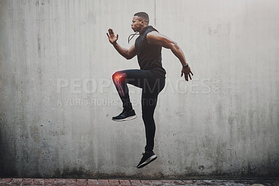 Buy stock photo Mockup, black man and fitness with knee pain, injury and sport accident with training. African American male, athlete and bodybuilder with muscle tension, emergency and workout with health problem