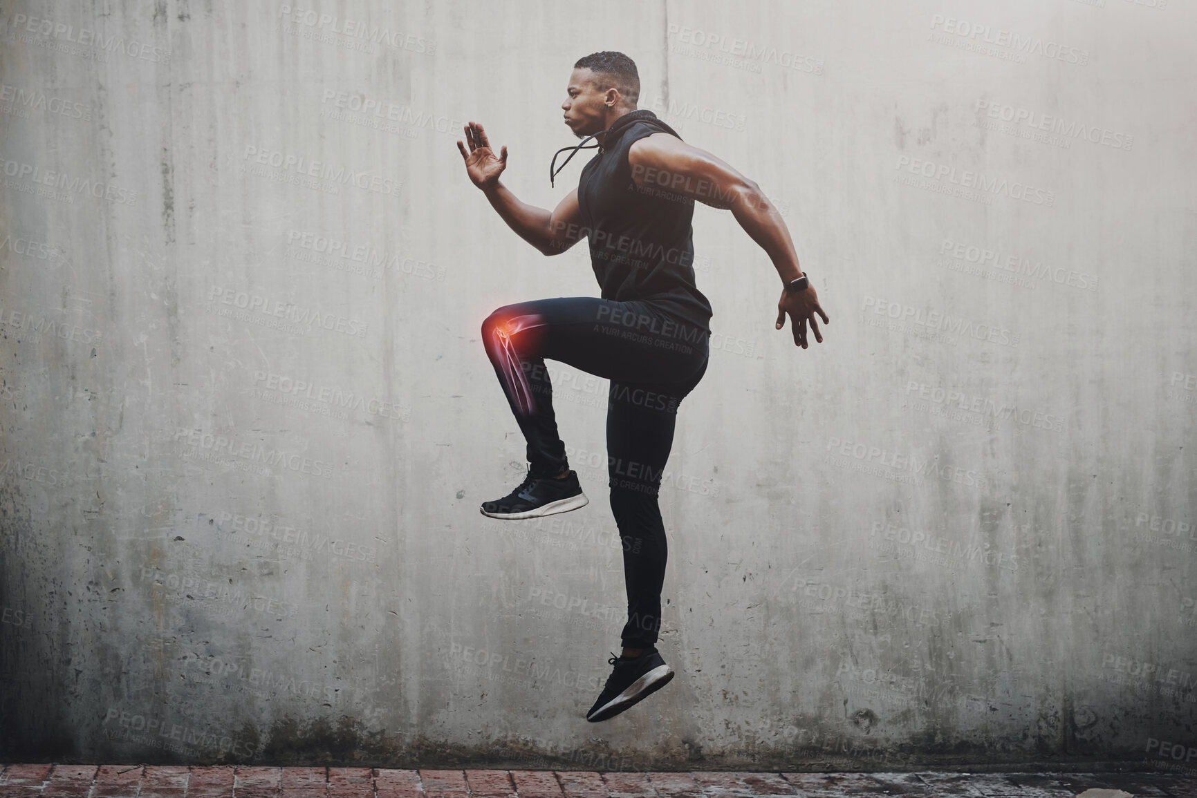 Buy stock photo Mockup, black man and fitness with knee pain, injury and sport accident with training. African American male, athlete and bodybuilder with muscle tension, emergency and workout with health problem