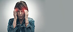 Headache, pain and hurt woman with a migraine in due to depression, frustrated and anxiety in mockup space. Red, overlay and discomfort by a female feeling sick isolated in a studio gray background 