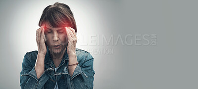 Buy stock photo Headache, pain and hurt woman with a migraine in due to depression, frustrated and anxiety in mockup space. Red, overlay and discomfort by a female feeling sick isolated in a studio gray background 