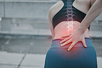 back pain, red and spine skeleton of woman exercise, workout and fitness outdoors with injury or inflammation. Bone, hurt and female athlete with ache or body tension due to training for wellness