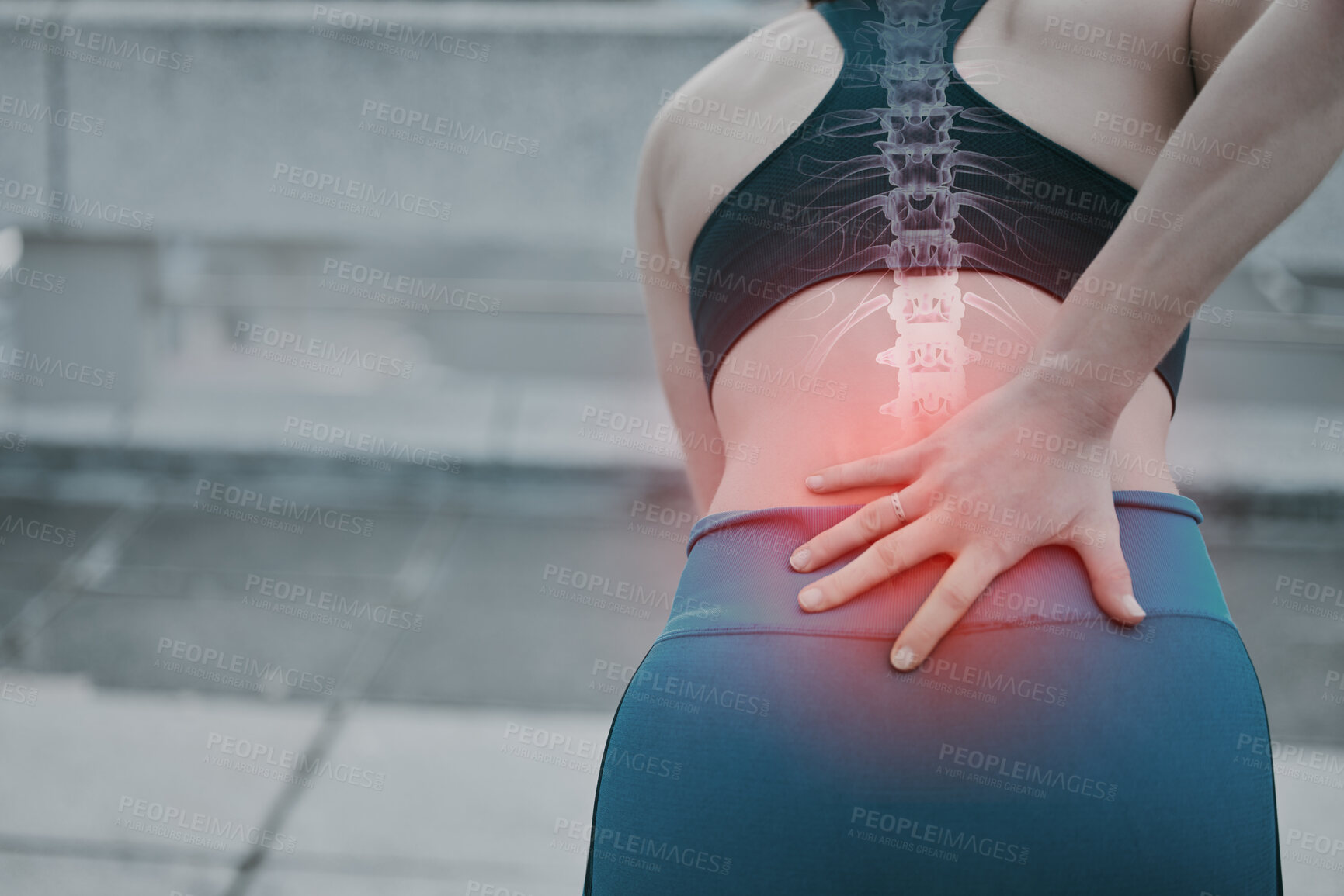 Buy stock photo Back pain, red and spine skeleton of woman exercise, workout and fitness outdoors with injury or inflammation. Bone, hurt and female athlete with ache or body tension due to training for wellness