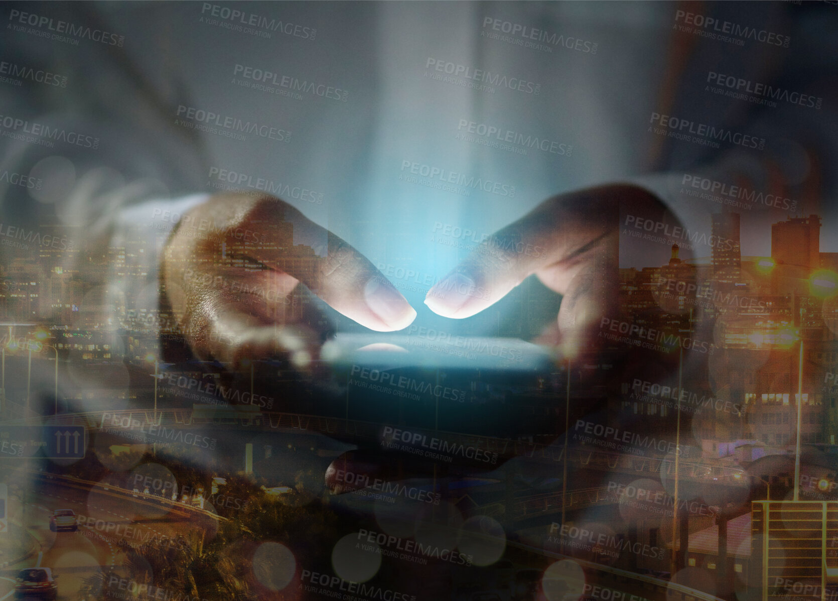 Buy stock photo Hands, phone and overlay with a man typing online for information technology and networking. Business person with smartphone for ux, city research and double exposure of 5g network connection 