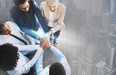 Buy stock photo Collaboration, stack of hands and business people in the office for celebration with a city overlay. Team building, motivation and group of employees celebrating success, achievement or goal together
