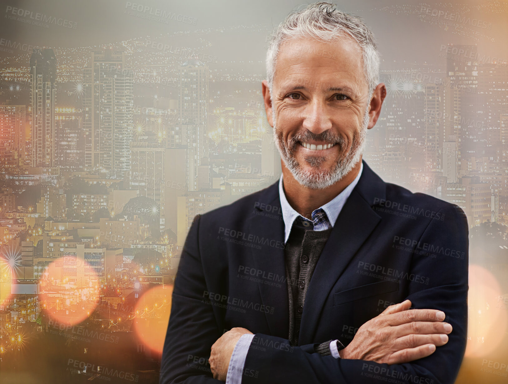 Buy stock photo Business man, CEO and smile in portrait with leadership, management and senior executive with urban overlay. Double exposure, happy person with arms crossed, vision and professional with mockup space