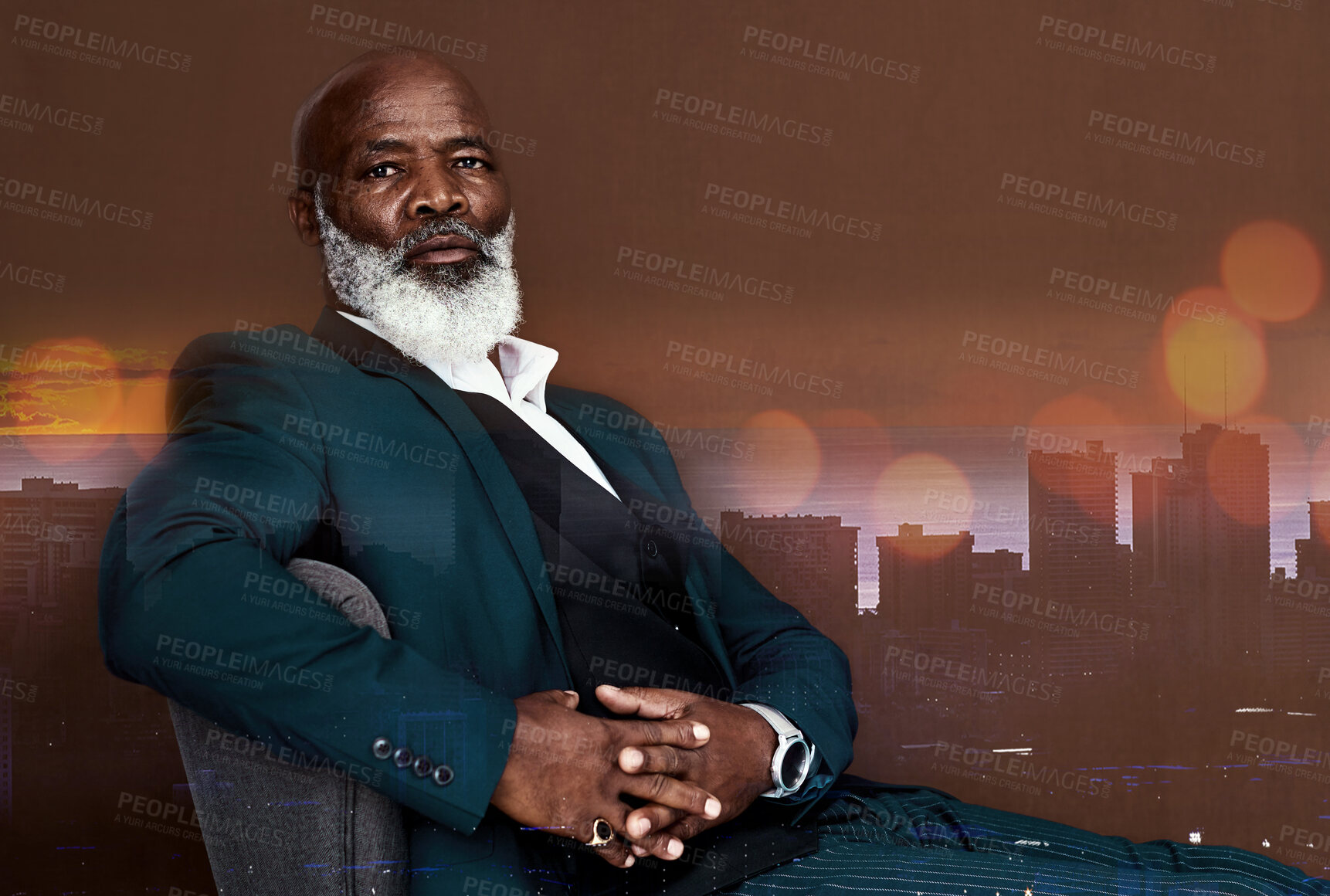 Buy stock photo Rich black man, CEO and serious, portrait and leadership, power and and senior with urban overlay. Double exposure, relax with professional male and wealth with status, confidence and mockup space