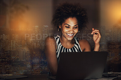 Buy stock photo Overlay, black woman and business with laptop, smile and futuristic ideas for opportunity, growth and metaverse. Future, African female employee and leader with skills, management and device for data