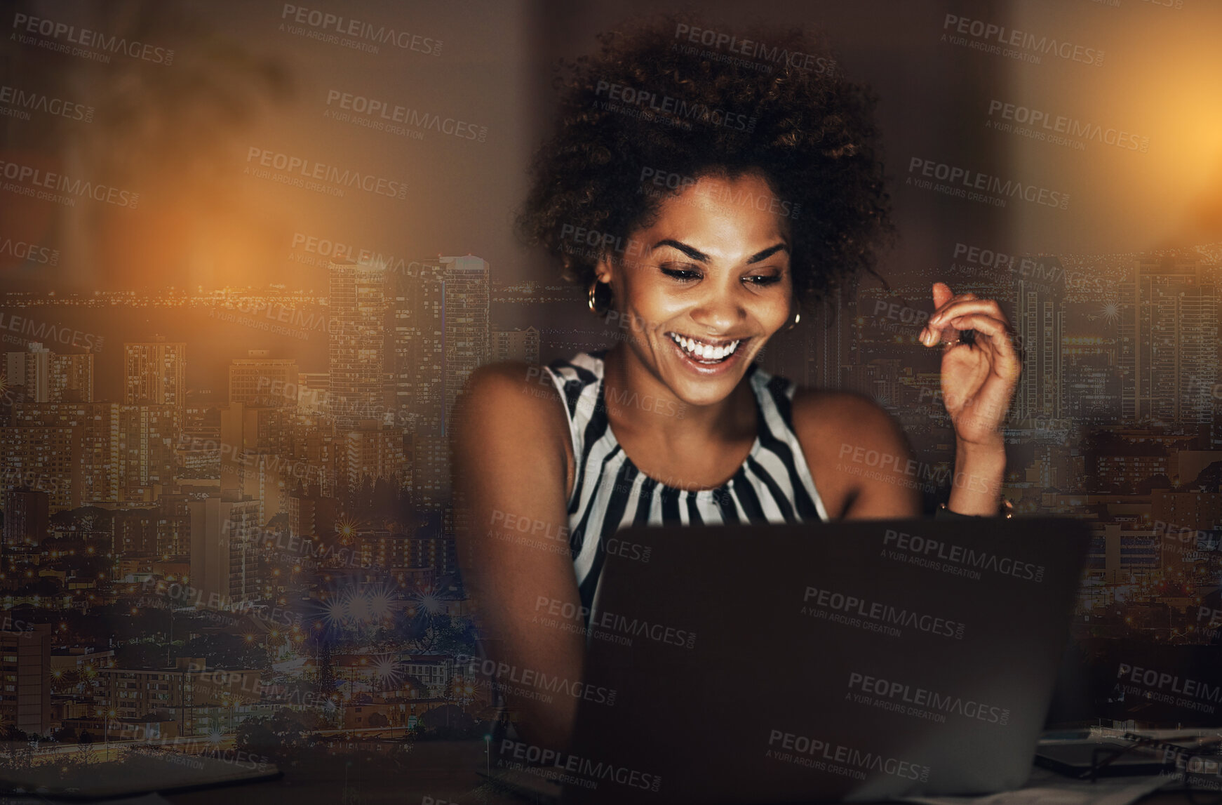 Buy stock photo Overlay, black woman and business with laptop, smile and futuristic ideas for opportunity, growth and metaverse. Future, African female employee and leader with skills, management and device for data