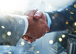 Handshake, business men trust and city overlay with bokeh of b2b partnership deal. Thank you, contract agreement and shaking hands of corporate collaboration and networking cooperation success 
