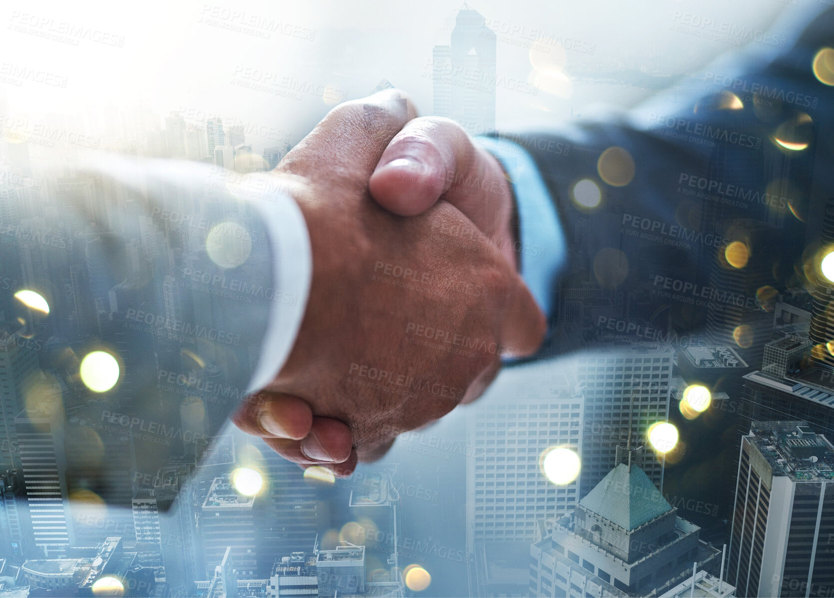 Buy stock photo Handshake, business men trust and city overlay with bokeh of b2b partnership deal. Thank you, contract agreement and shaking hands of corporate collaboration and networking cooperation success 