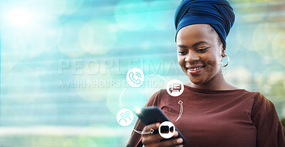 Buy stock photo Phone app graphic, black woman and erp mobile application hologram with mockup. web networking, online communication network and digital networking options of a happy female with mock up and tech