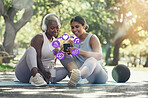 Smartphone, app icons and fitness with women outdoor, technology abstract and yoga with exercise application. Social media, overlay and health with pilates, headphones and music with happy friends