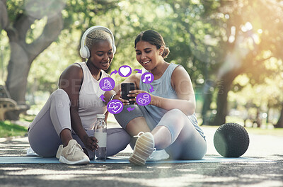 Buy stock photo Smartphone, app icons and fitness with women and yoga with exercise application for weightloss. Social media, overlay and health with pilates, headphones and music with friends, real and plus size