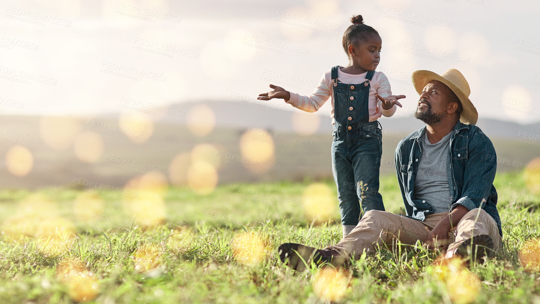 Buy stock photo Bonding, relax and father and child on a field for playing, adventure and conversation in nature. Agriculture, communication and African dad talking to a playful girl on the grass in the countryside