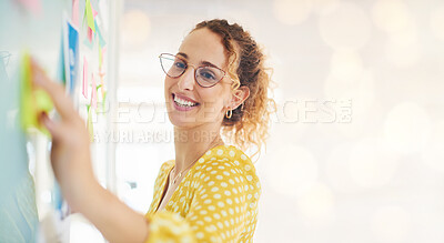Buy stock photo Business woman, project planning and paper sticky notes with happy employee with mockup. Bokeh, creative worker and content schedule planning of a young worker with a smile and web strategy agenda