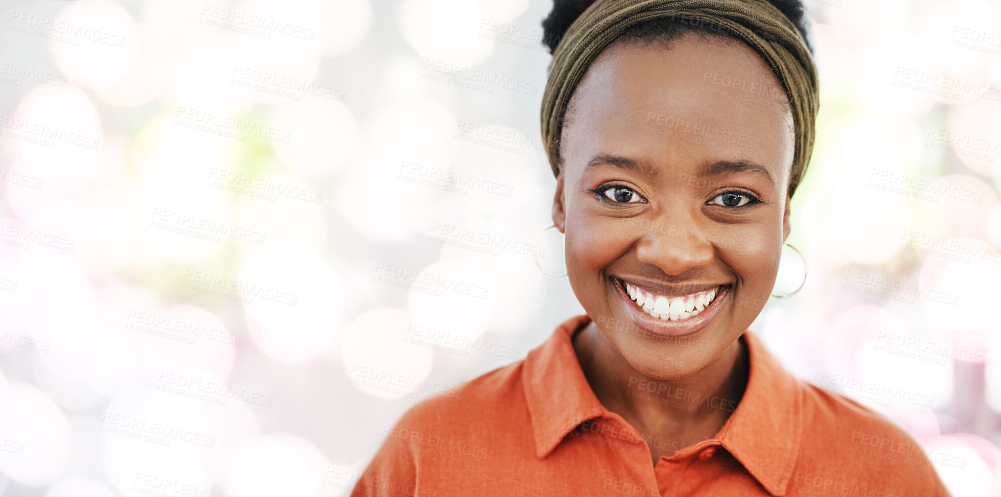Buy stock photo Corporate black woman, portrait and mockup space with smile, success and vision for career goals. Happy african business leader, blurred background and mindset for mission, focus or leadership at job