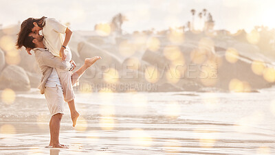 Buy stock photo Love, man pick up woman and beach vacation for happiness, relationship and cheerful. Romance, couple and hug with joy, celebration or holiday break, weekend or adventure with smile, loving or bonding
