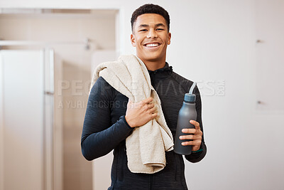 Buy stock photo Portrait, black man and bottle in locker room of gym for rest, cleaning towel and shower after exercise. Happy sports guy, athlete and break after workout, training and wellness in fitness bathroom