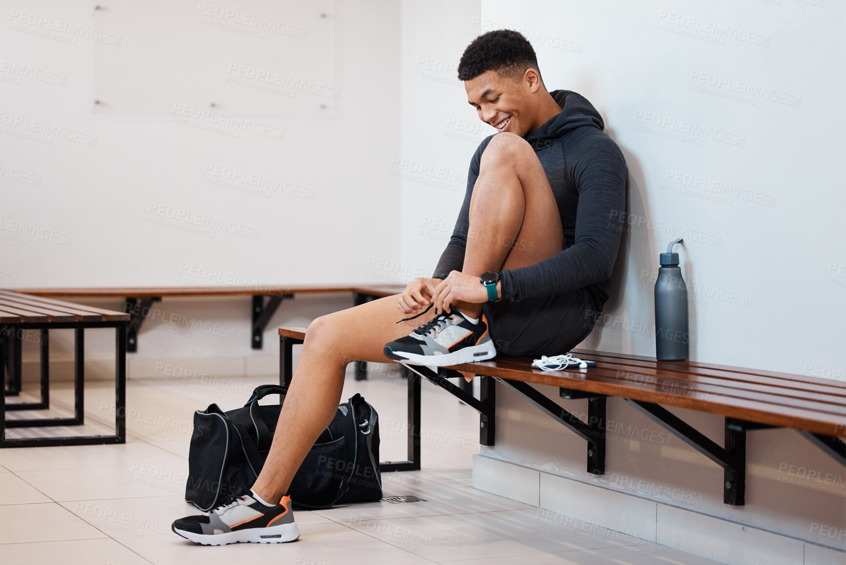 Buy stock photo Fitness, tying shoes and black man in locker room for training, sports and gym workout. Exercise, health and start cardio with athlete and dressing sneakers for gear, wellness or ready for practice