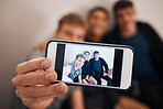 Phone, selfie and friends together after exercise feeling relax with a smile and mobile connection. Profile picture, social media and networking app of a man hand holding cellphone for group photo