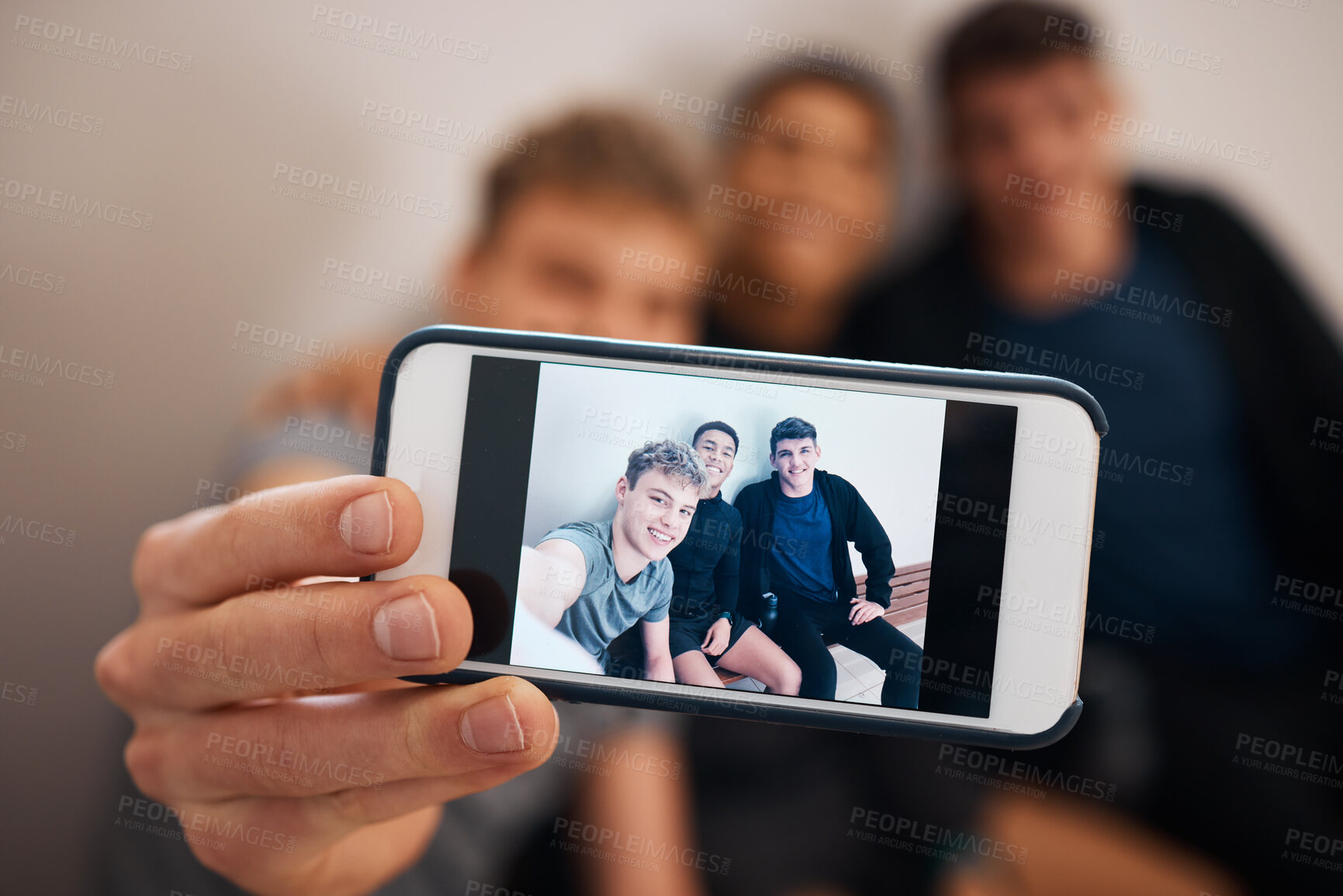 Buy stock photo Phone, selfie and friends together after exercise feeling relax with a smile and mobile connection. Profile picture, social media and networking app of a man hand holding cellphone for group photo