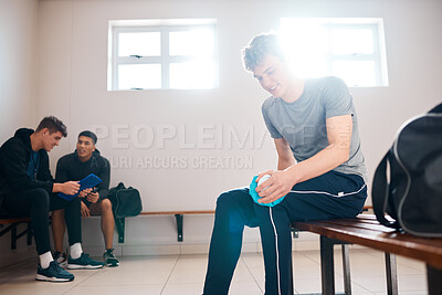 Buy stock photo Sports, knee pain and man in with ice for injury in gym locker room from workout, exercise and training. Medical care, wellness and male athlete for joint ache, muscle strain and fitness accident